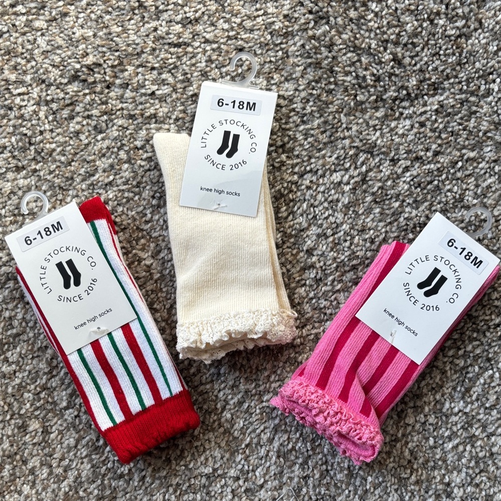 Little Stocking Co. Knee High Socks - Red/Green Stripe, Cream, Pink Stripe